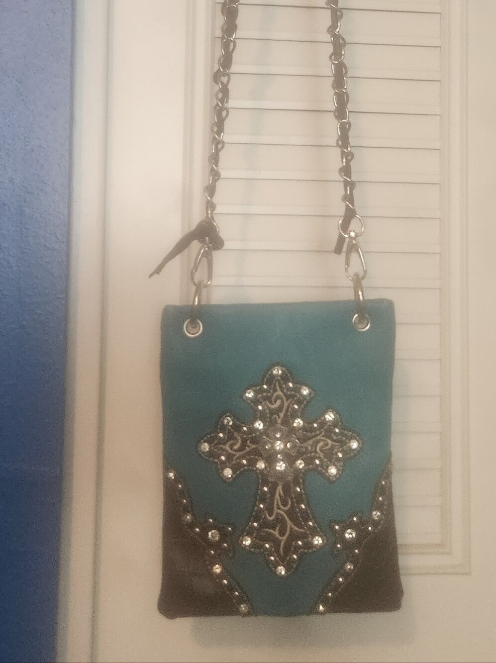 Embellished Turquoise Cross Chain-Strap Crossbody Bag